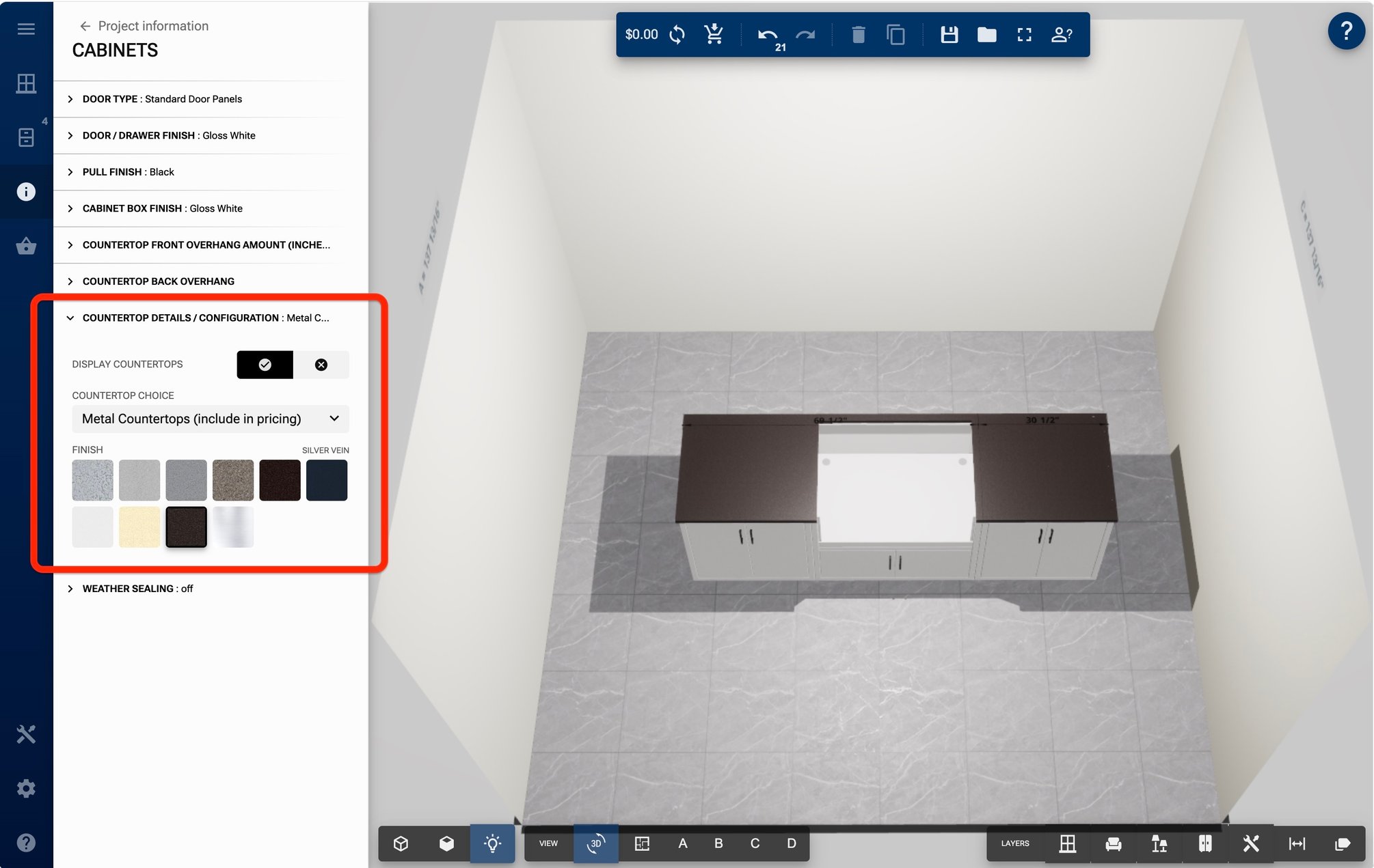 How do I change countertop colors or options?